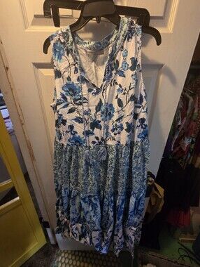 Woman Within White and Blue Floral Tiered Midi Dress